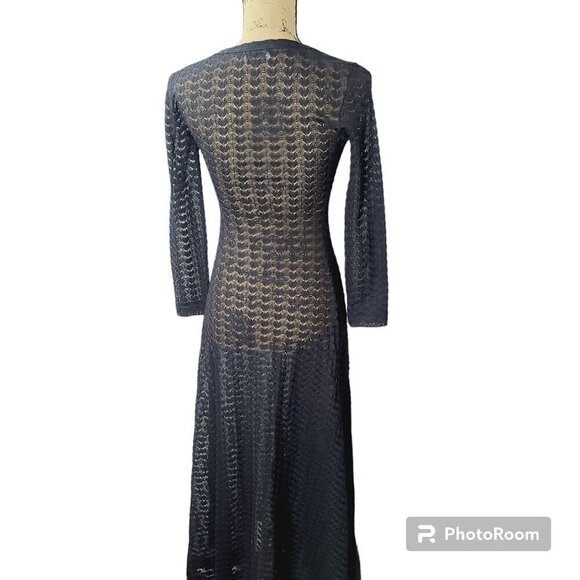 Vintage 1970s DVF Diane Von Furstenberg for RE-7 Black Crochet Sheer Dark Bohemi - Picture 3 of 16